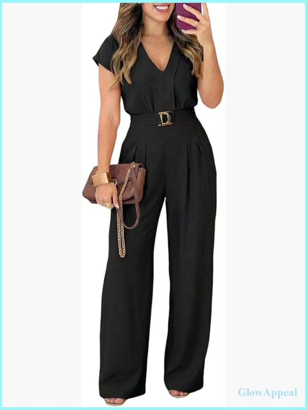 V-Neck Short Sleeve Wide Leg Jumpsuit with Belt & Pockets